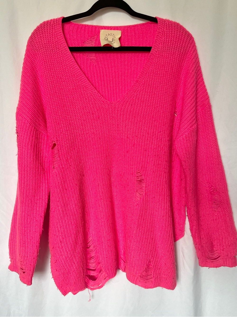 Neon Pink Distressed V-Neck Women's Sweater